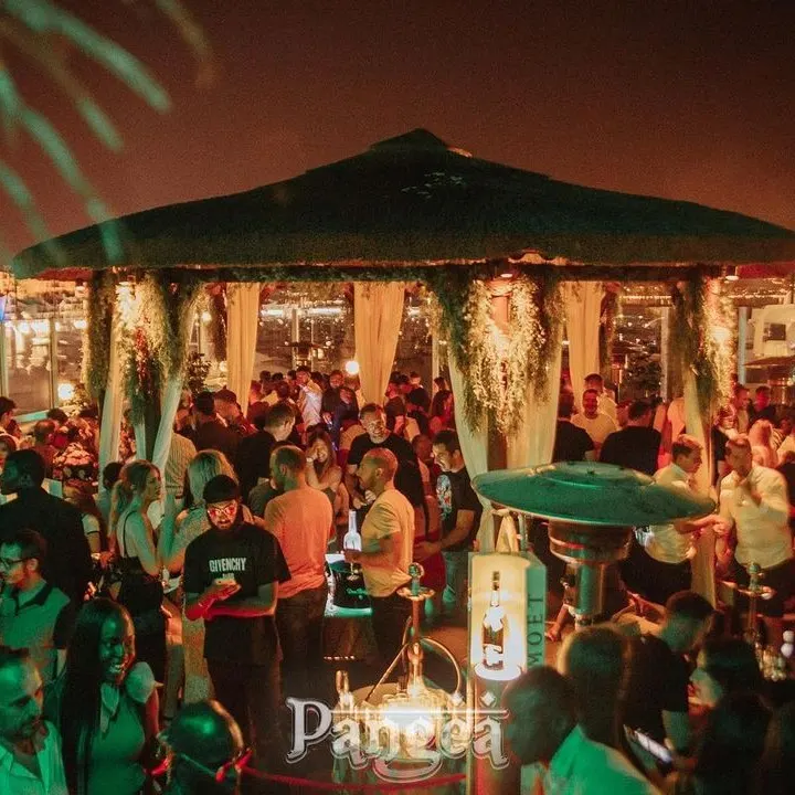 Pangea ofrece una terraza nocturna vibrante con vistas panorámicas al puerto, decoración elegante y una atmósfera llena de energía y exclusividad.