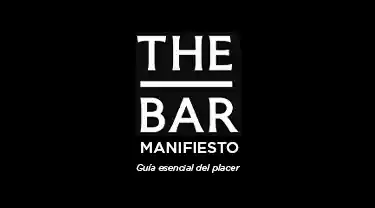 Diseño gráfico minimalista en negro con "THE BAR" y "MANIFIESTO" en blanco, insinuando una guía sobre el placer de los bares.