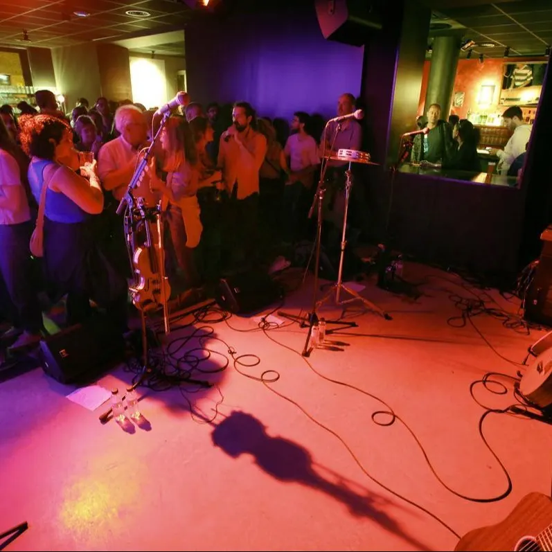 " Heliogàbal: Un espacio íntimo y acogedor donde la música en vivo conecta con el público en un ambiente cercano. Las luces cálidas y la decoración minimalista crean una atmósfera relajada."