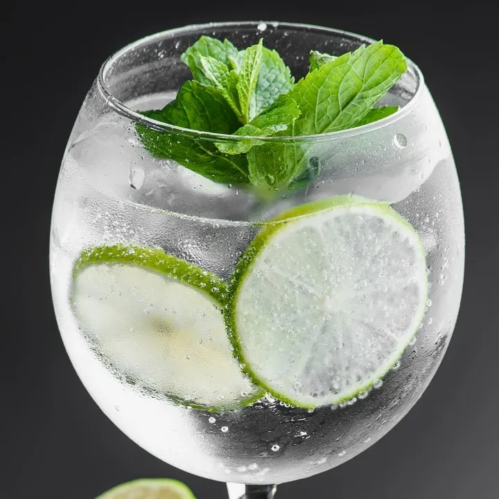 Copa de gin tonic con hielo, rodajas de lima y hojas de menta, sobre un fondo oscuro con limas cortadas alrededor.