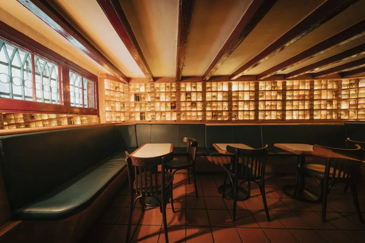 Dr. Stravinsky, un bar íntimo con estanterías iluminadas que destacan sus ingredientes únicos y un diseño cálido.