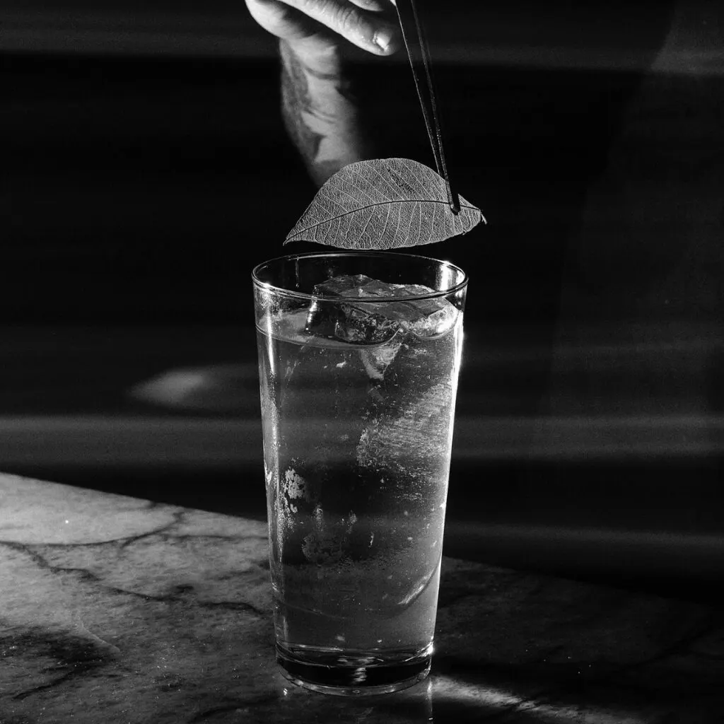 Mano con pinzas coloca hoja sobre vaso alto con hielo y líquido, en blanco y negro sobre superficie de mármol.