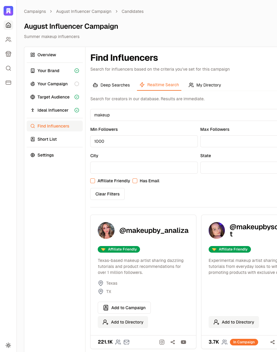 Product Shot: Campaign Find Influencers Page