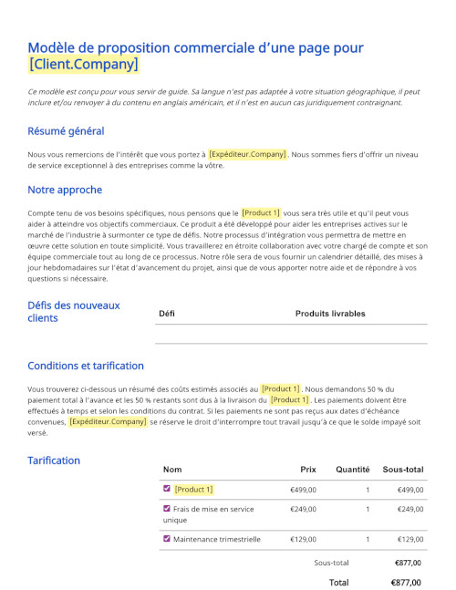 Modèle d’une page de proposition commerciale