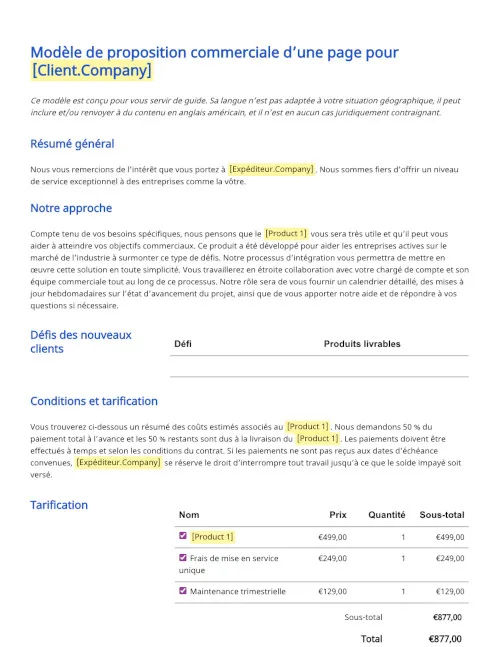Modèle d’une page de proposition commerciale