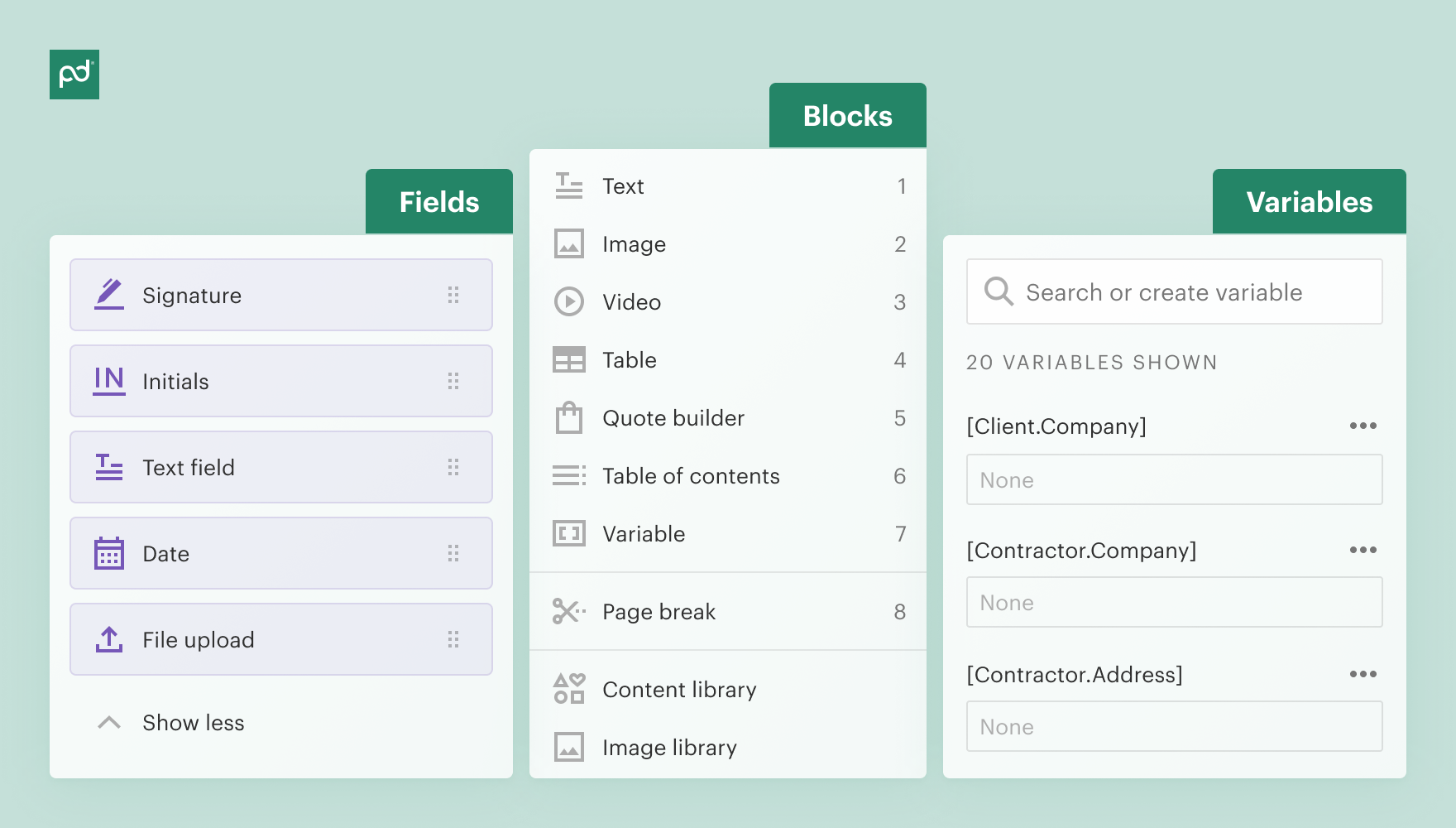 PandaDoc editor with Fields, Blocks, and Variables panels. Fields include Signature and Date. Blocks include Text, Table, and Quote builder.