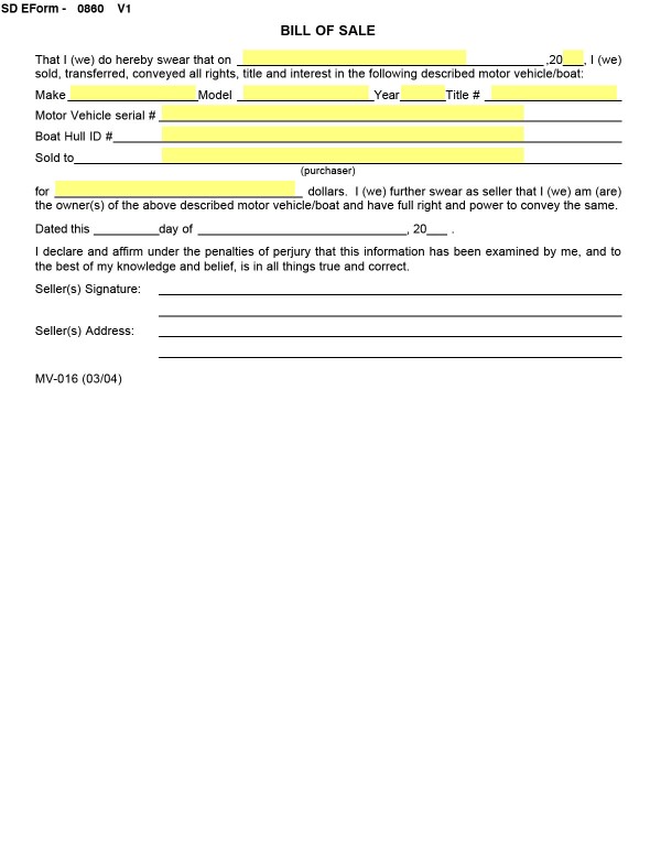 bill-of-sale-templates/south-dakota-sd Bill of sale