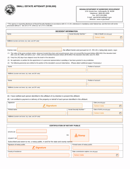 Small Estate Affidavit Indiana Form