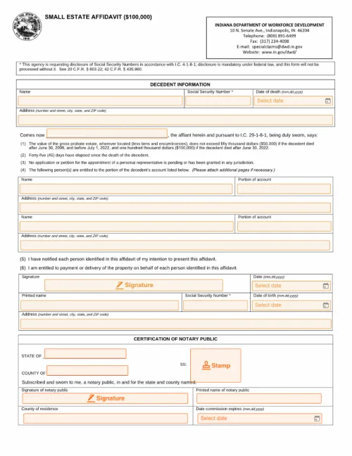 Small Estate Affidavit Indiana Form