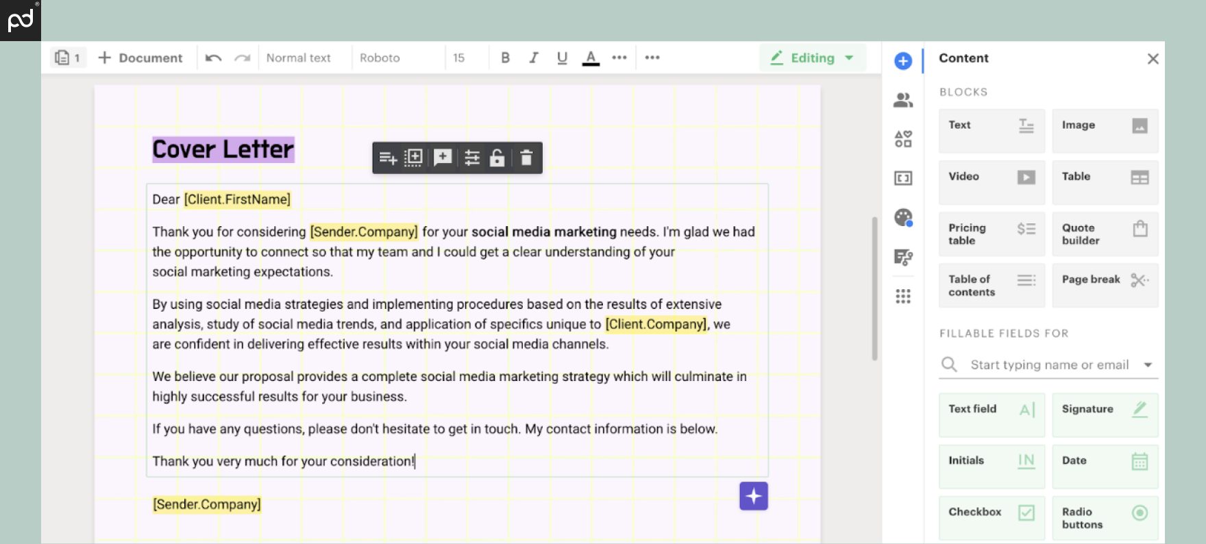 A view of the PandaDoc Document Builder user interface. The right sidebar features tools for text, pricing tables, video/image inserts, and more.
