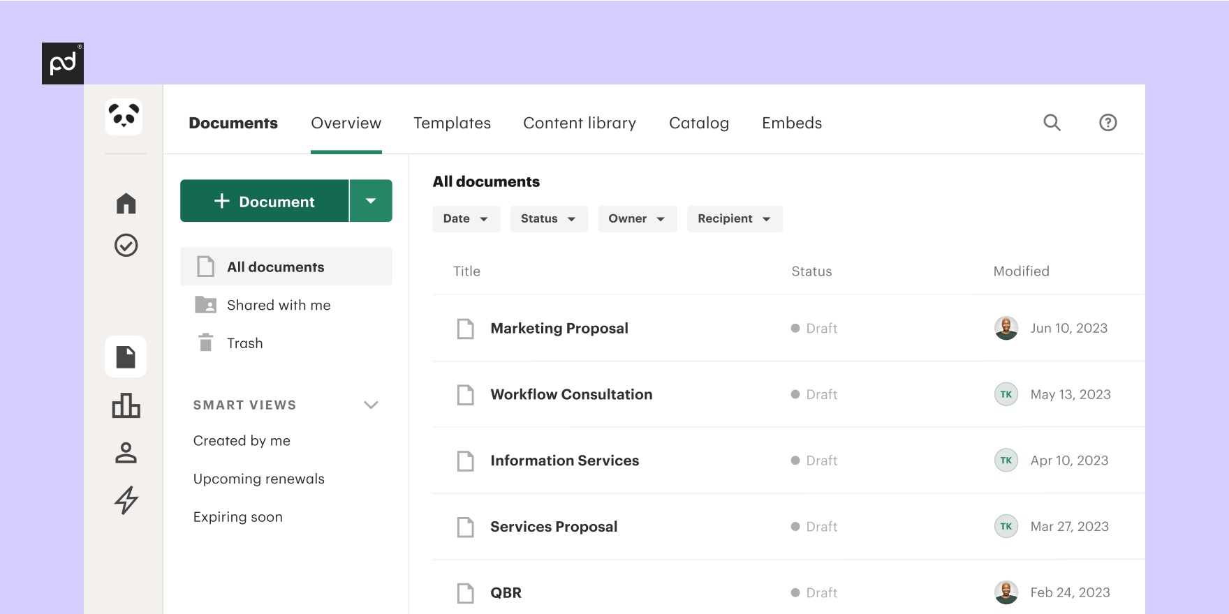 Log into PandaDoc and select the “New Document” button