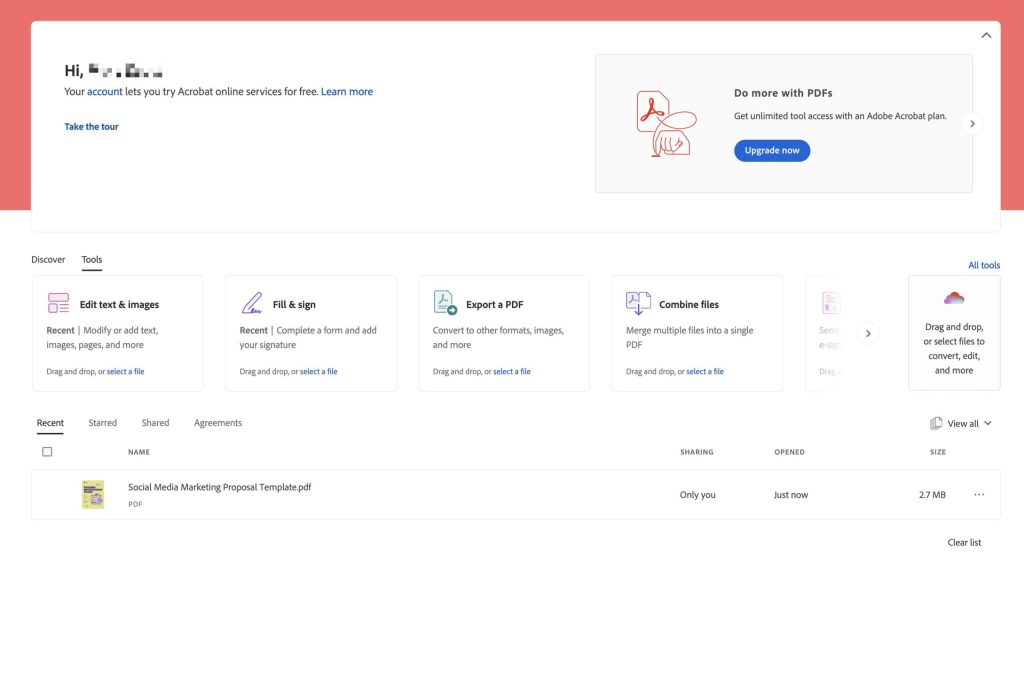 A screenshot of the Acrobat Sign user homepage featuring a get-started area and a user dashboard.