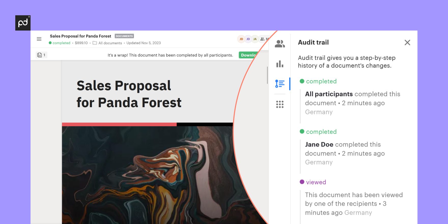 PandaDoc audit trail helps to track who accessed or modified documents, providing additional security and accountability measures
