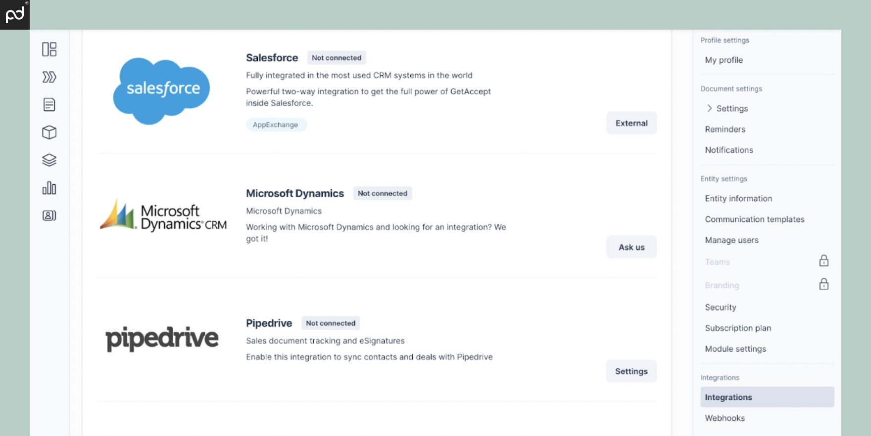 An image featuring logos of three GetAccept integrations: Salesforce, Microsoft Dynamics, and Pipedrive.