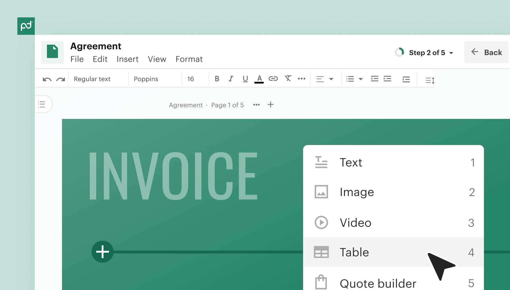PandaDoc block insertion menu. Options include Text, Image, Video, Table, and Quote builder.