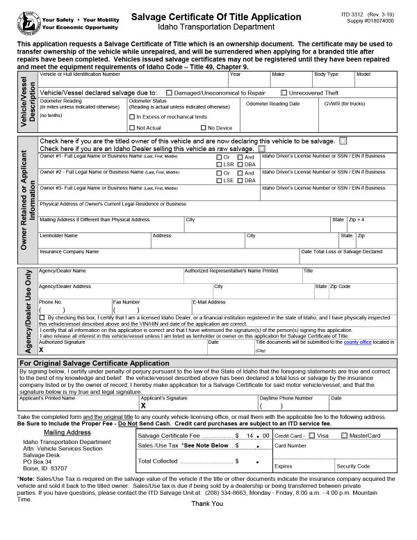 bill-of-sale-templates/idaho-id Salvage certificate of title application
