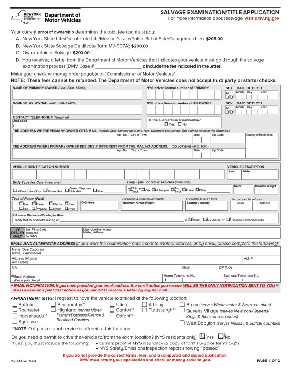 bill-of-sale-templates/new-york-ny Salvage examination application (MV-83SAL)