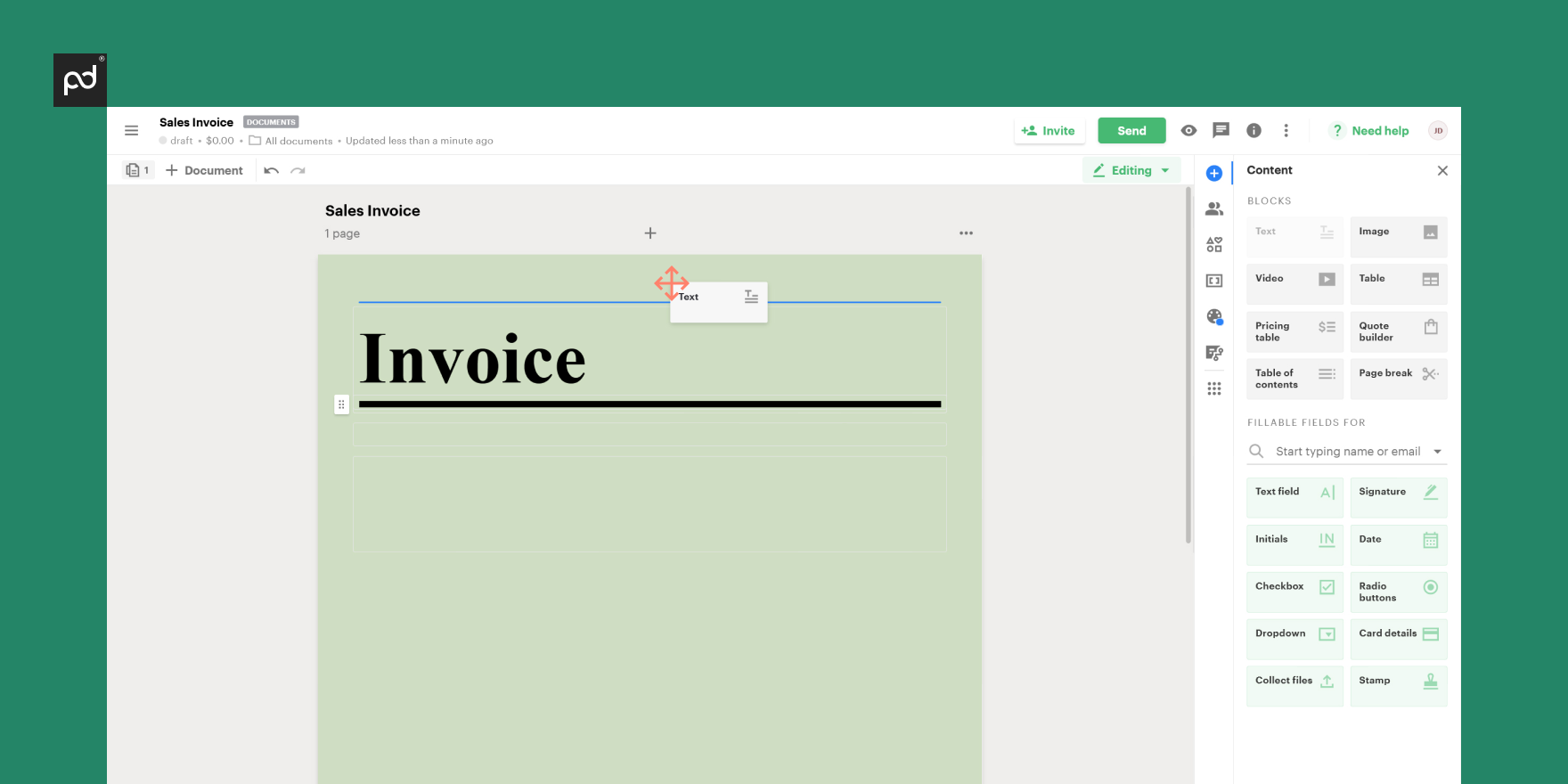 how to add a text block to the invoice template