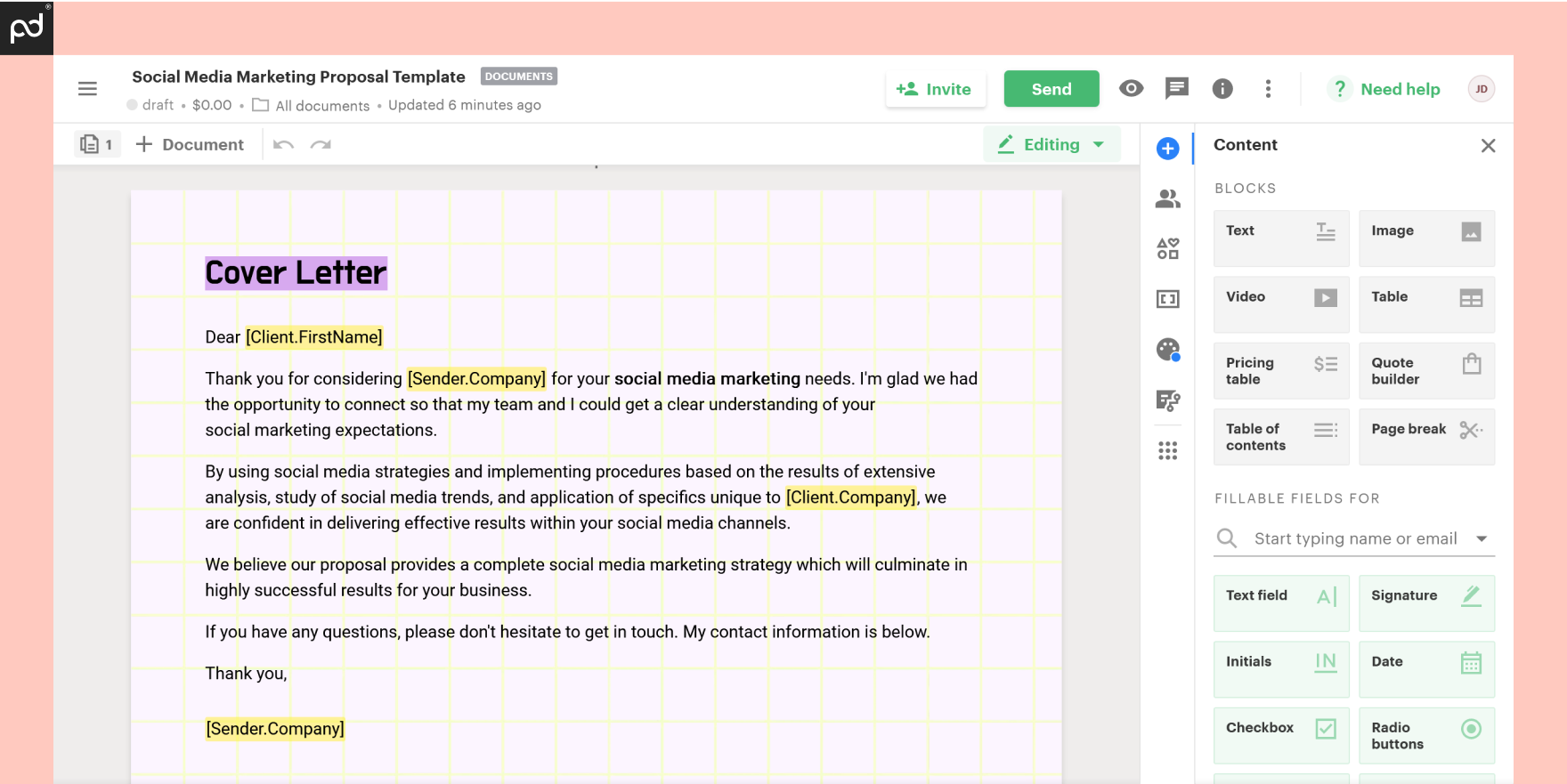 A view of the PandaDoc Document Builder user interface. The right sidebar features tools for text, pricing tables, video/image inserts, and more.