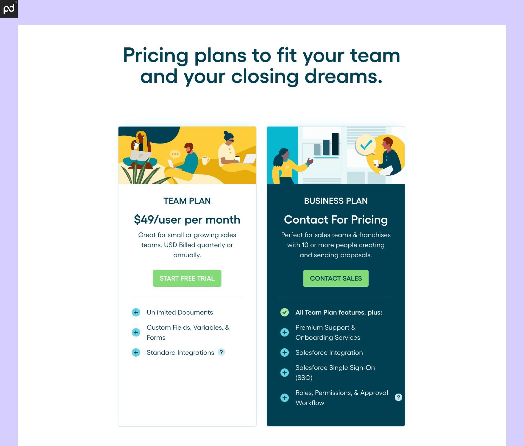 An image depicting Proposify’s pricing plans, including the Team plan ($50/month) and the Business plan (enterprise pricing).