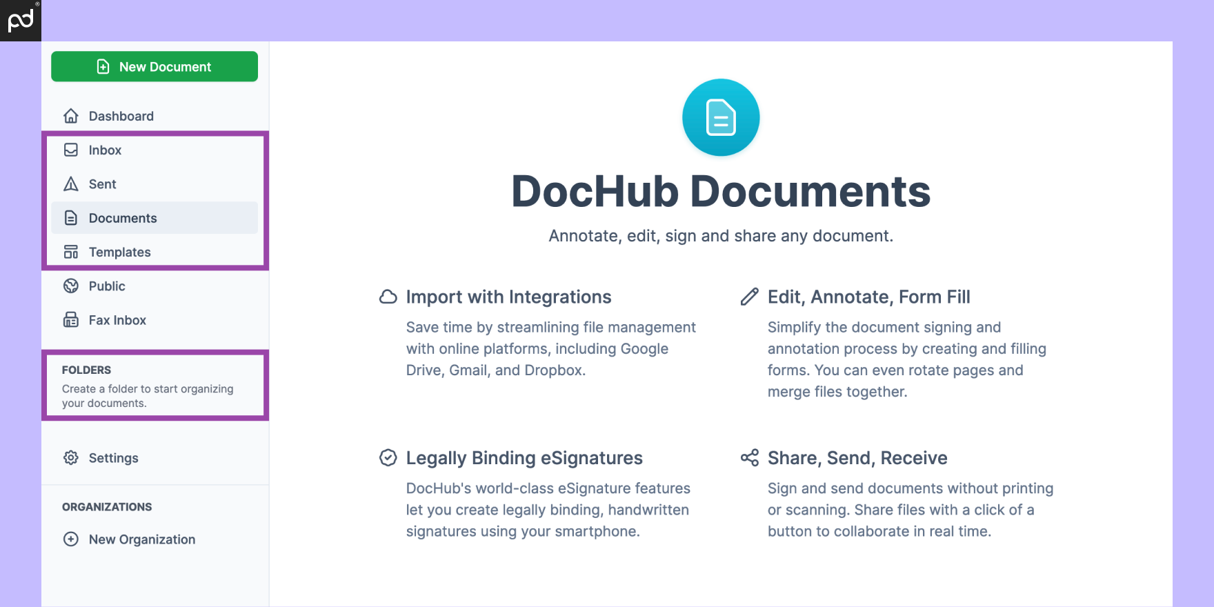 An image depicting the document management tolls on the DocHub left sidebar, including Inbox, Sent, Documents, Templates, and Folders.
