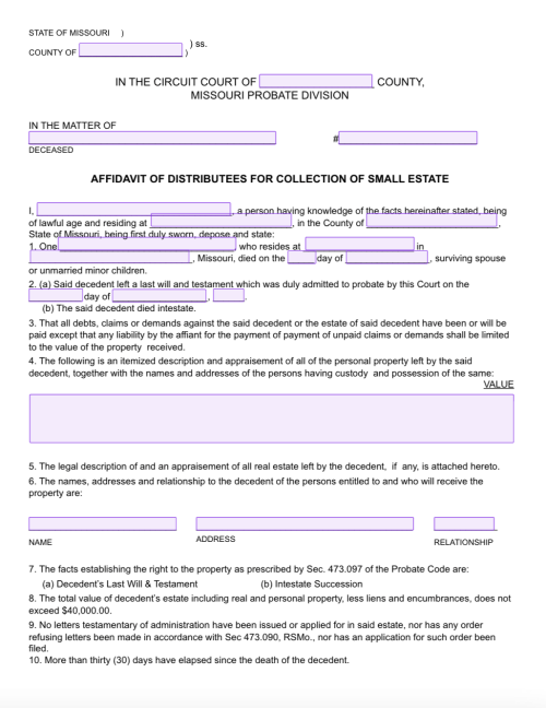 Small Estate Affidavit Missouri Form
