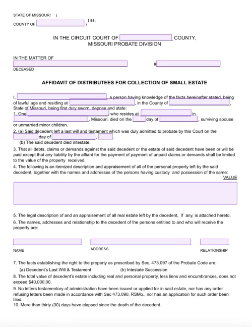 Small Estate Affidavit Missouri Form