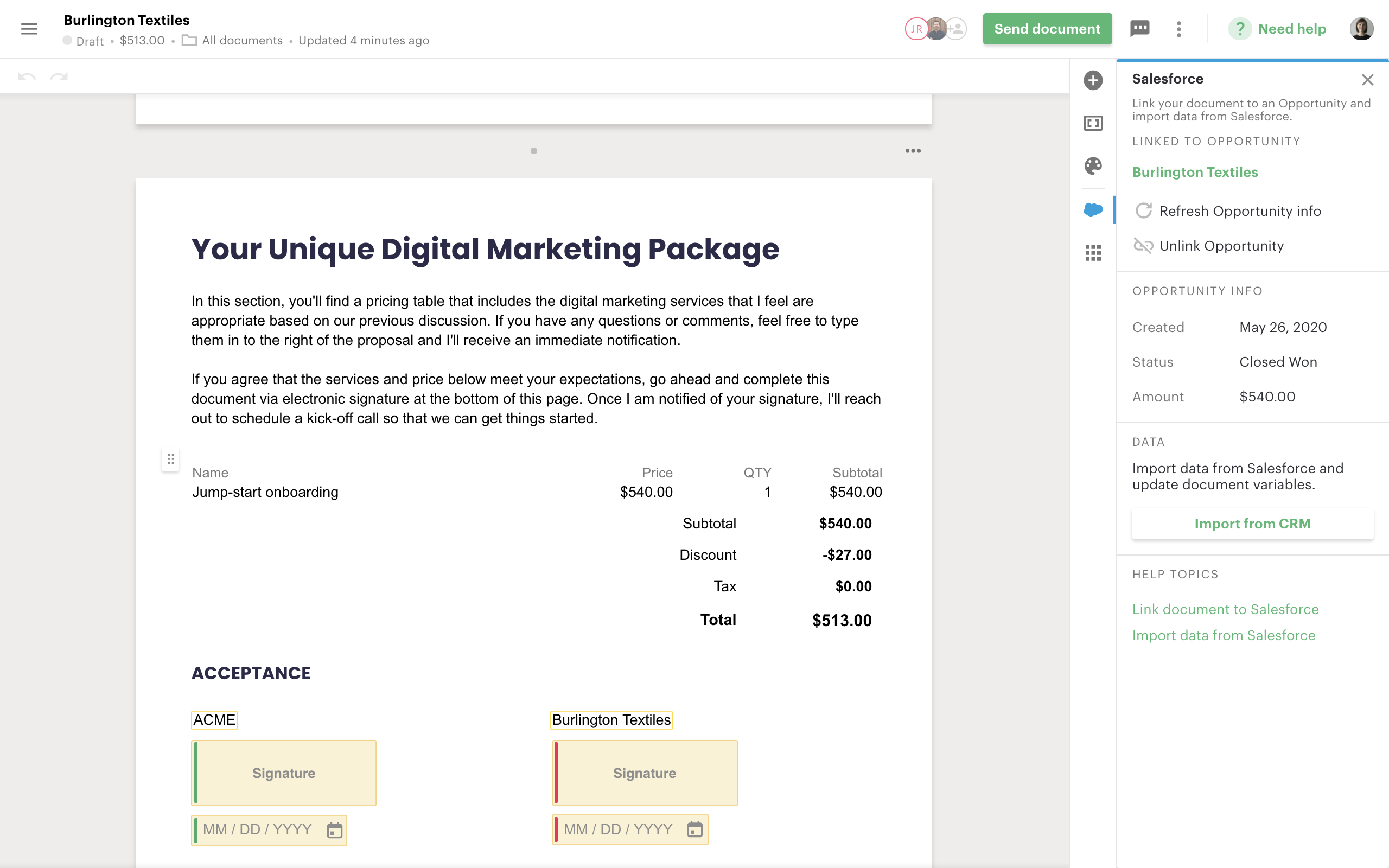 UI showing how you can link Salesforce opportunities to your PandaDoc documents