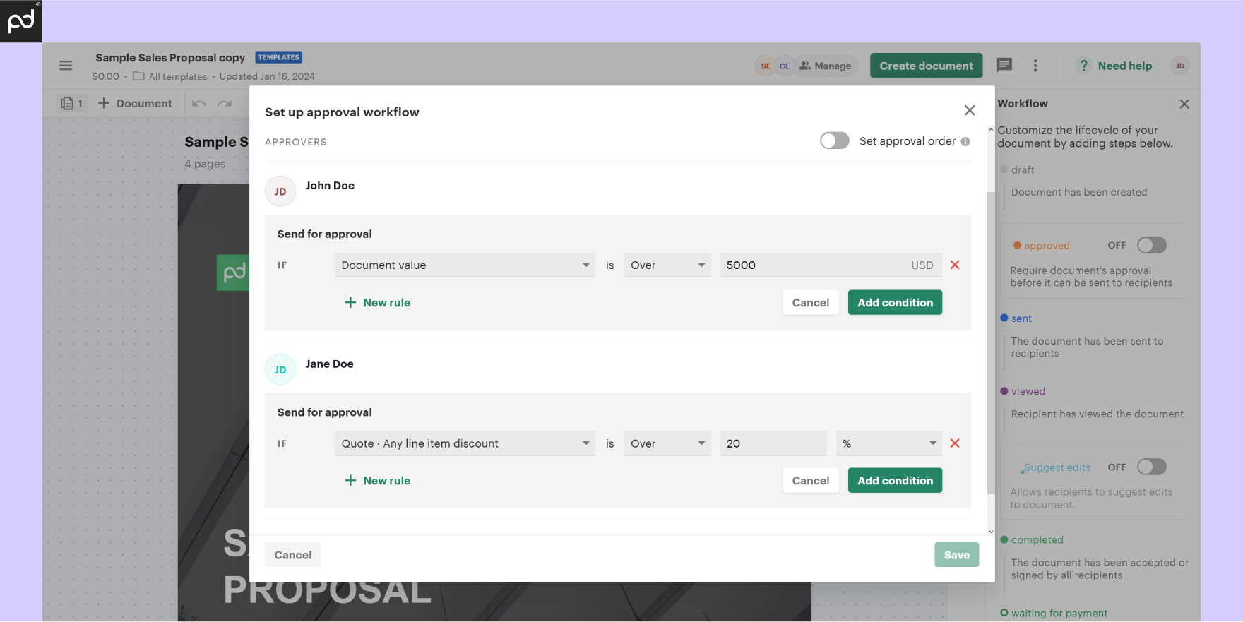 Screenshot of PandaDoc showing the setup of an approval workflow with different conditions for single approvers.