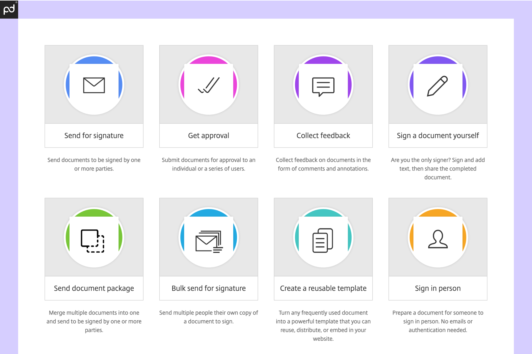 An image demonstrating the e-signing options available within Sharefile, including the ability to send for a signature, sign in person, create reusable templates, and more.