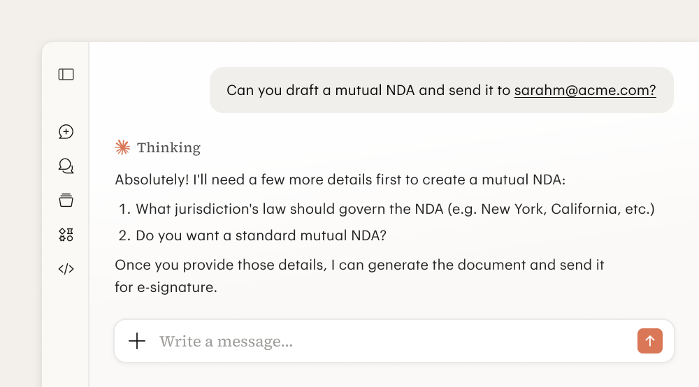 PandaDoc AI chat interface responding to a request to draft and send a mutual NDA, asking clarifying questions about jurisdiction and NDA type before generating the document.