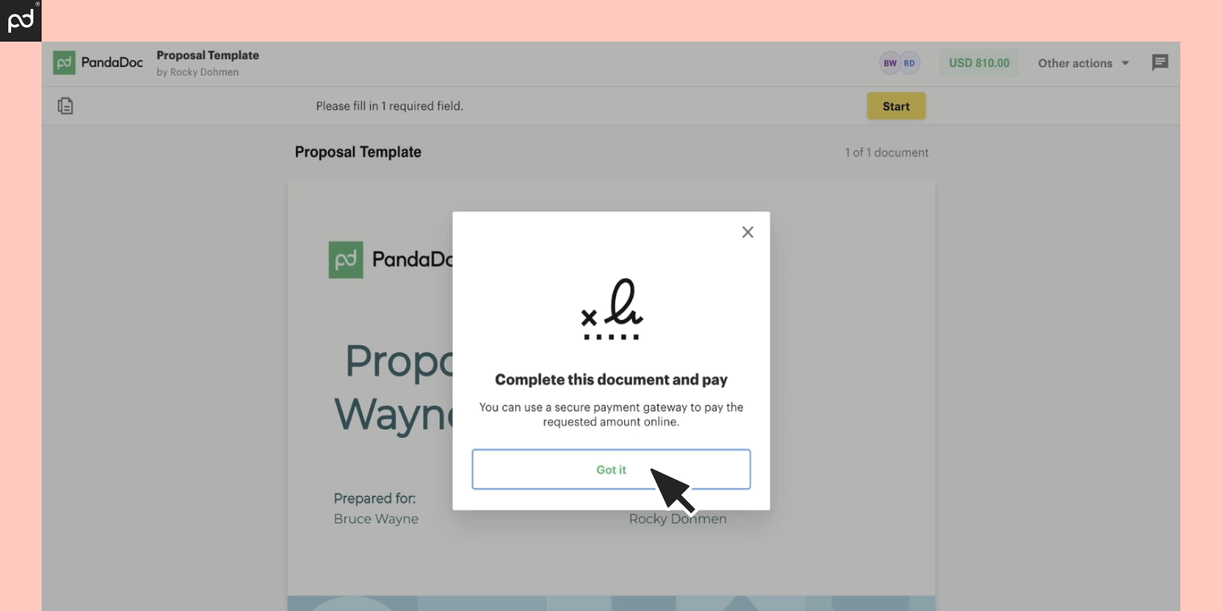 A screenshot displaying how the client sees a request complete a document in PandaDoc and pay.