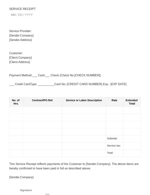 Service Receipt Template