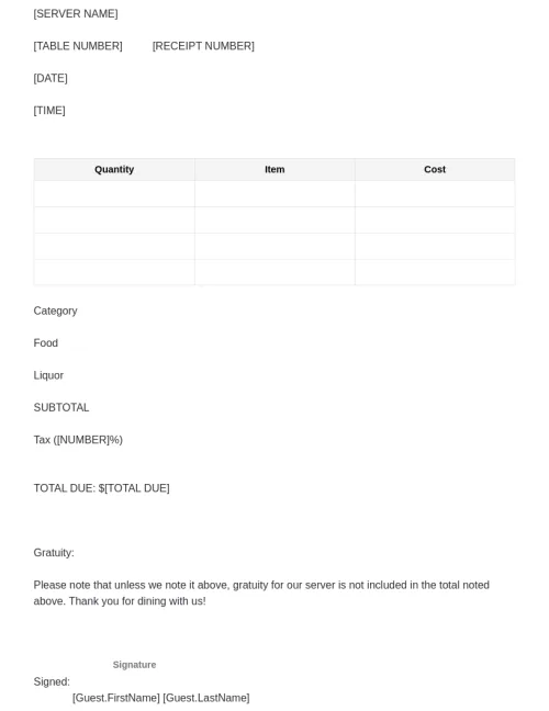 Restaurant Receipt Template