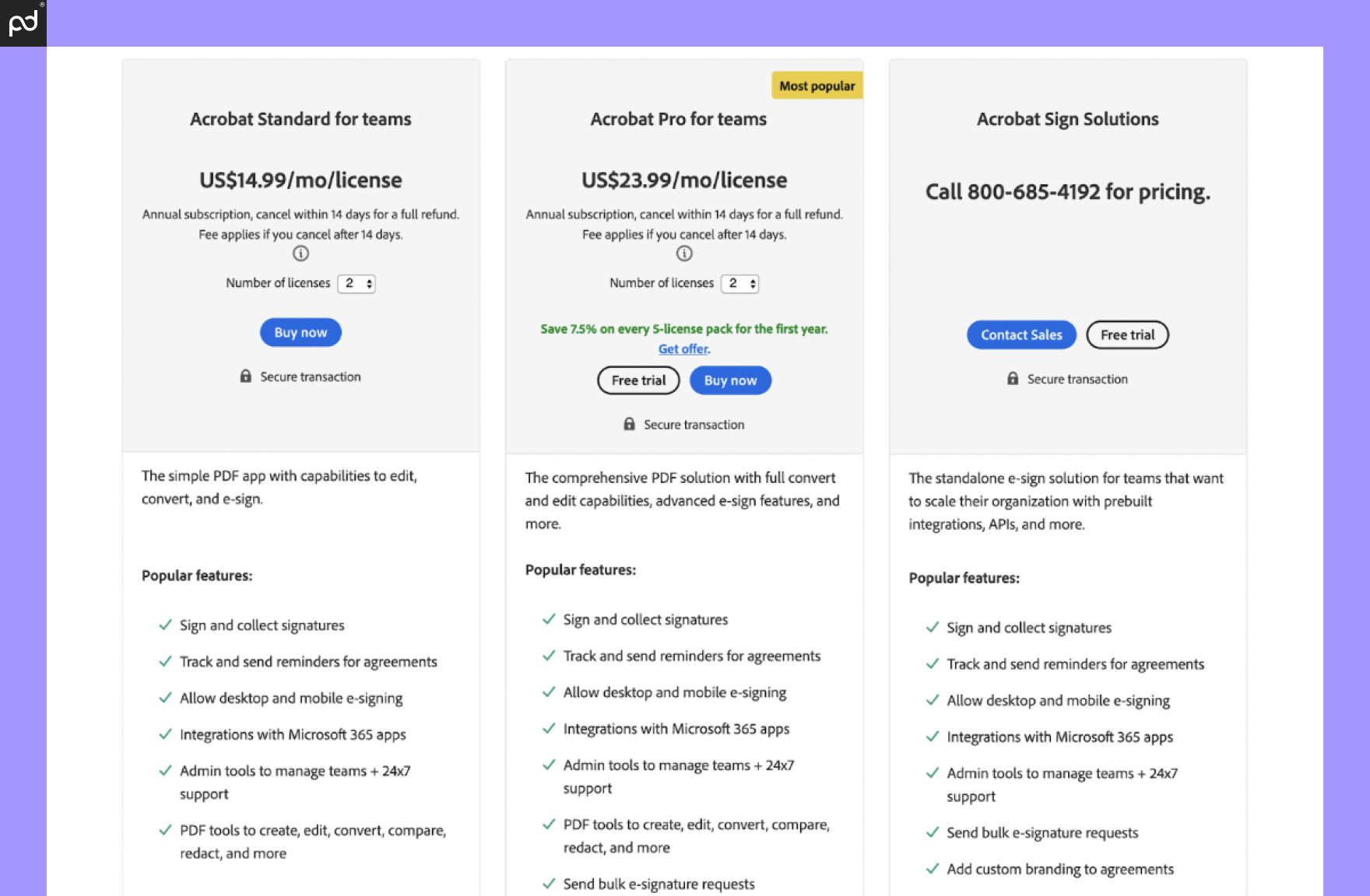 A screenshot of the team-based pricing plans for Acrobat Sign, including Acrobat Standard for teams ($14.99/month) and Acrobat Pro for teams ($23.99/month) plans, as well as the Acrobat Sign enterprise plan.