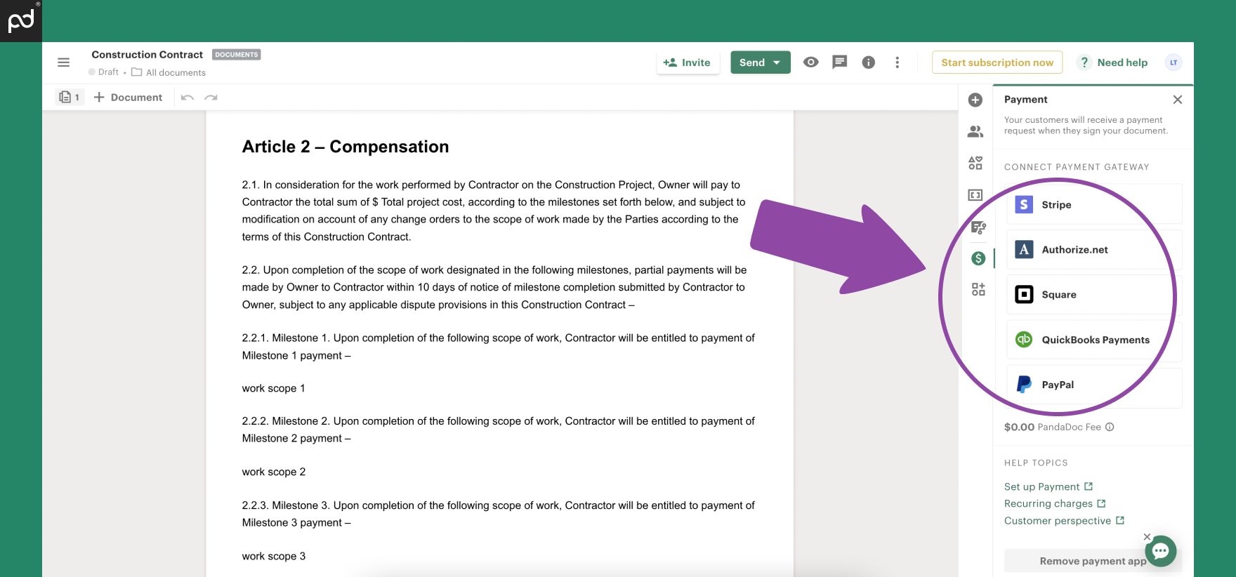 pandadoc contact template with payment integrations