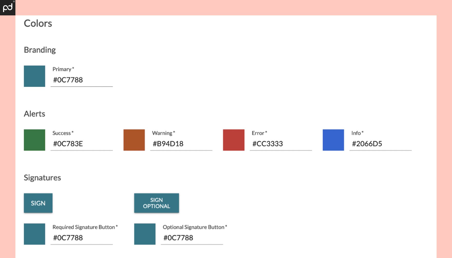 An image depicting the recoloring options offered by OneSpan Sign, including options to change colors for the brand, alerts, signatures, and more.