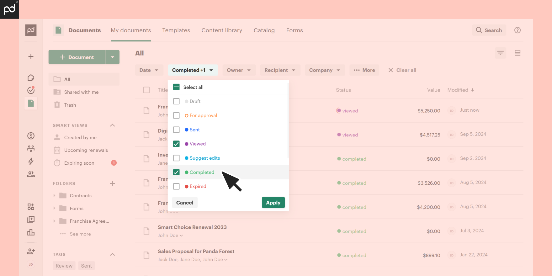 contract organization looks like by status, filter, etc