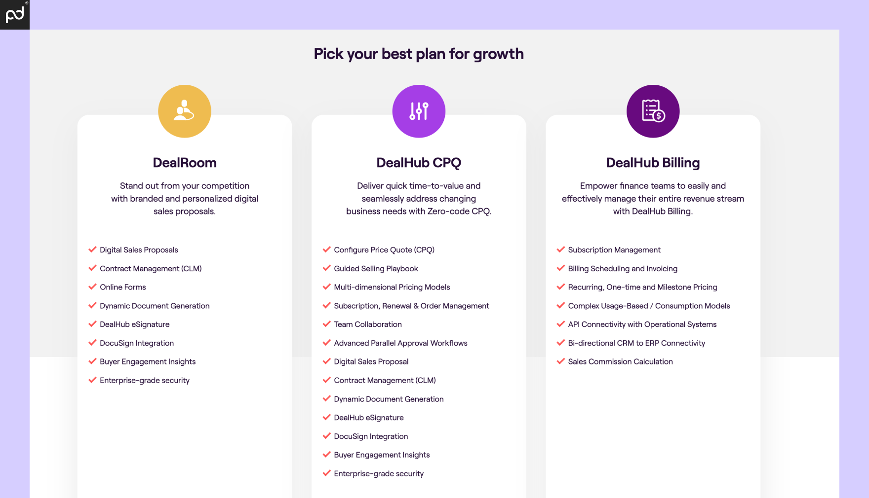 An image of DealHub’s pricing tables, including details for DealRoom, DealHub CPQ, and DealHub Billing.