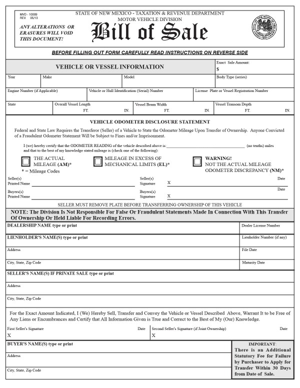 bill-of-sale-templates/new-mexico-nm Motor vehicles bill of sale (MVD 10009)