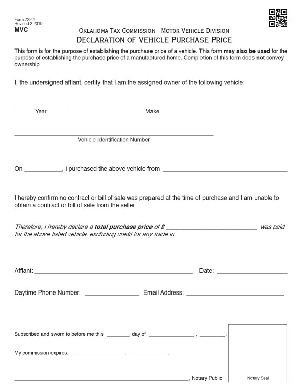 bill-of-sale-templates/oklahoma-ok Declaration of vehicle purchase price (Form 722-1)