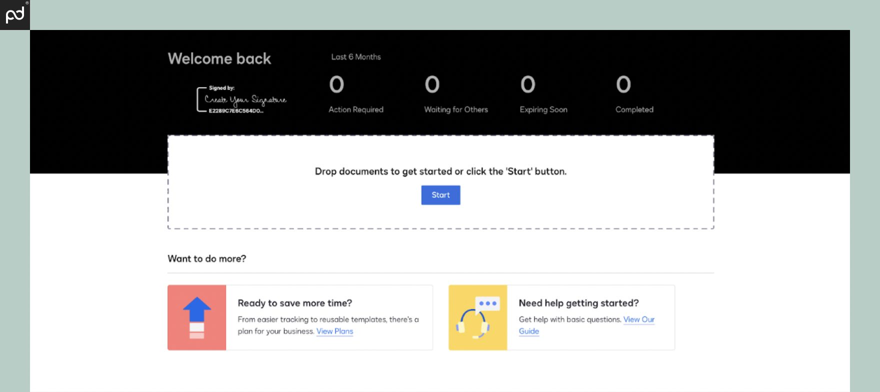 A screenshot of the DocuSign user homepage featuring a get-started area and a user dashboard.