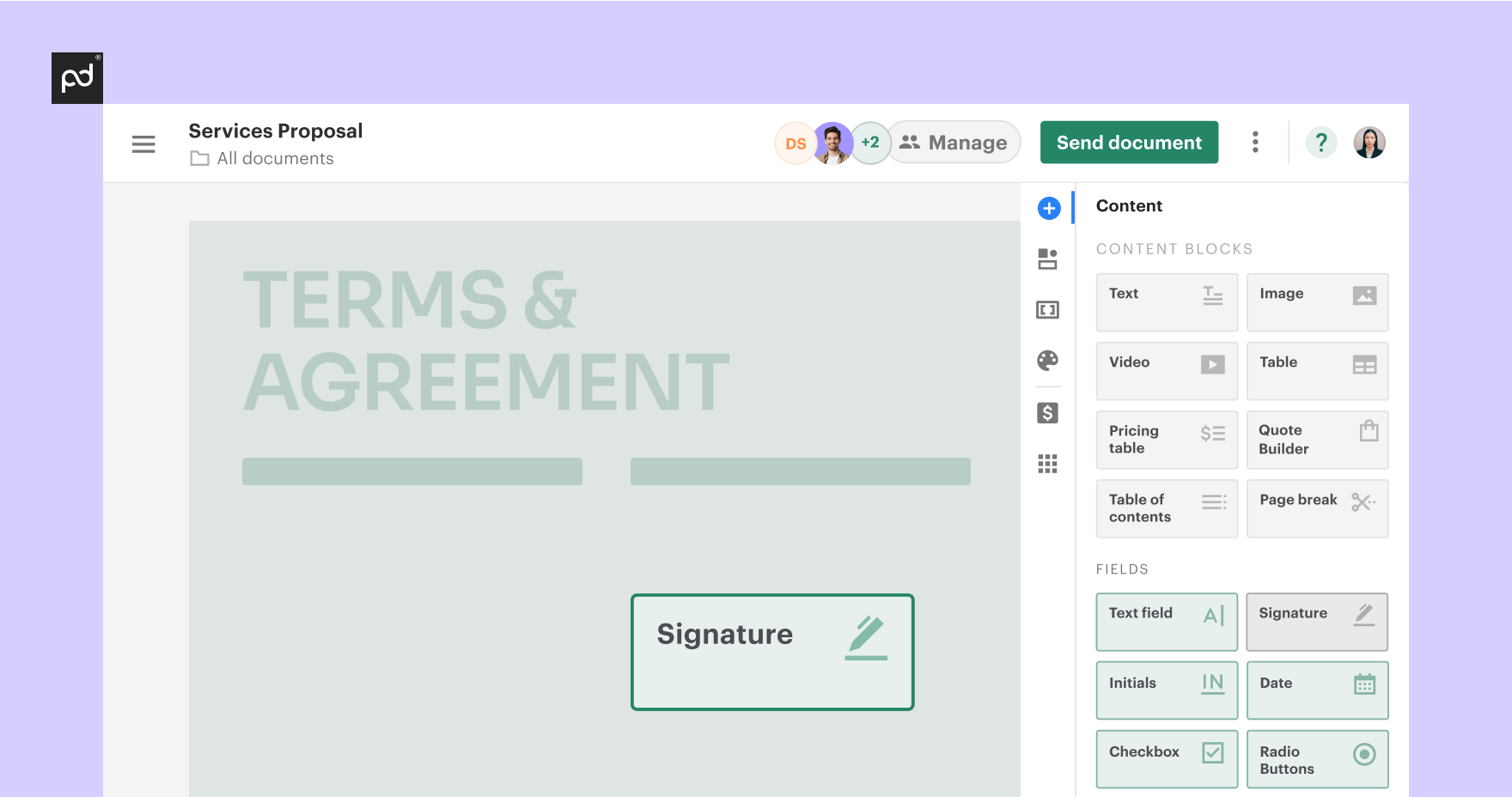 Click the Signature tab in the right-hand menu to drag and drop a signature field into the document