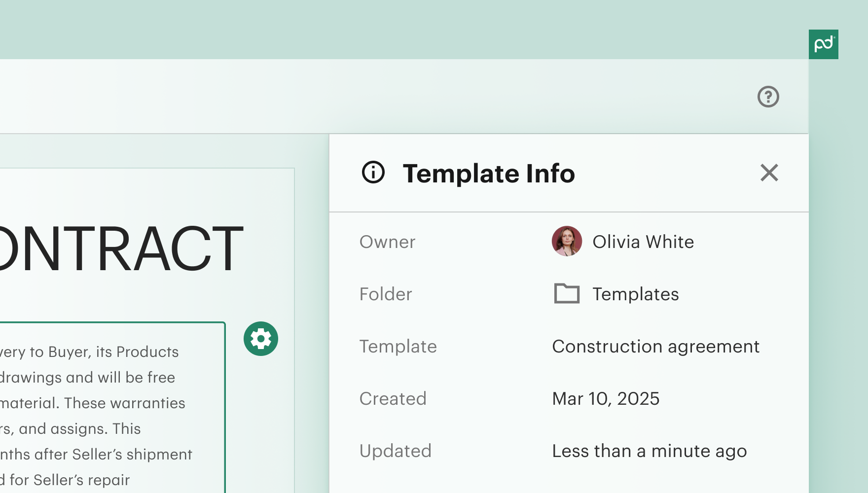 PandaDoc Template Info panel. Shows owner Olivia White, folder Templates, template "Construction agreement," created March 10, 2025