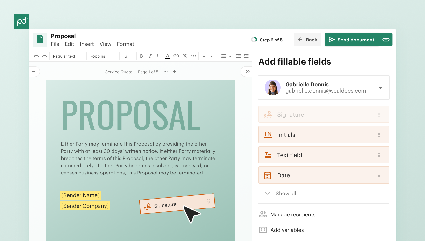 PandaDoc Proposal editor. Add fillable fields panel shows recipient Gabrielle Dennis. Available fields include Signature, Initials, Text field, and Date.