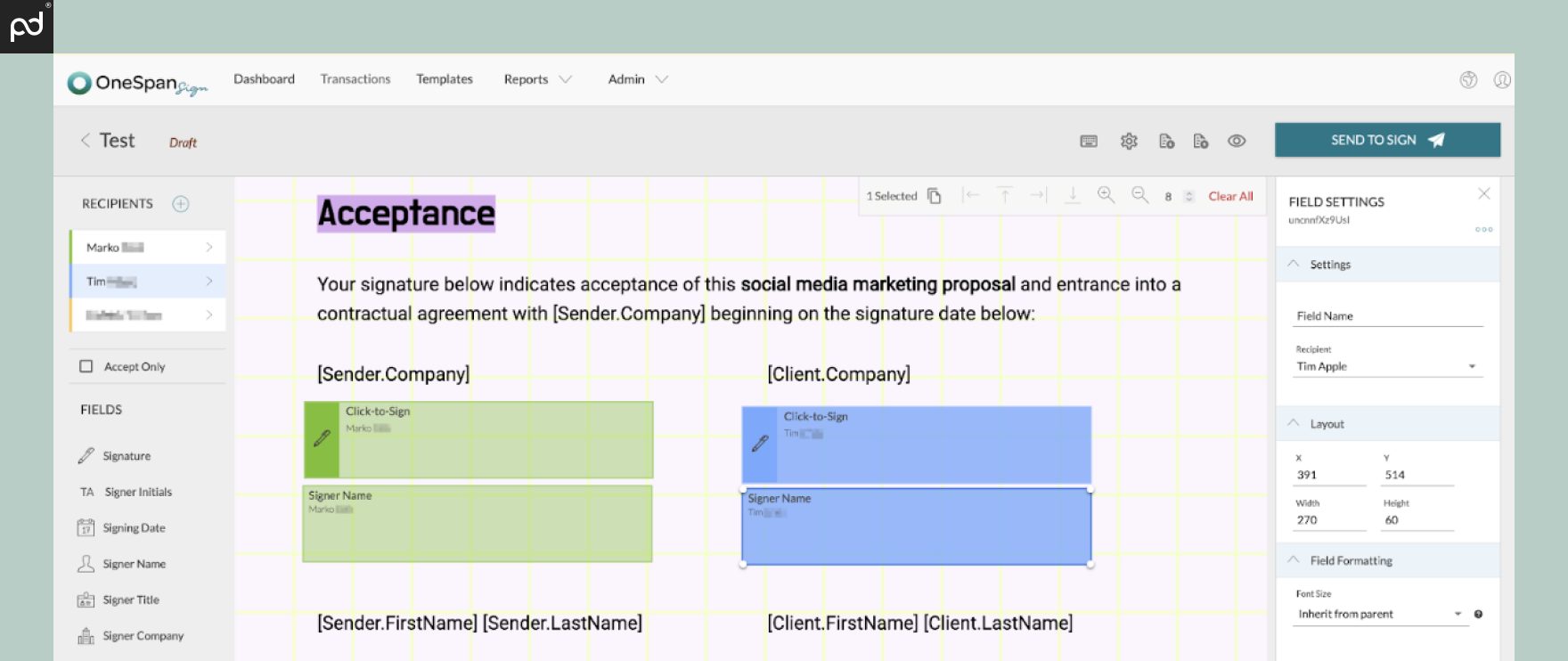 An image depicting the DocuSign e-signing environment, with two signature blocks placed for signing.