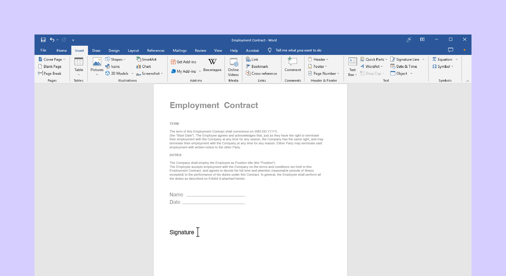 Signature in word