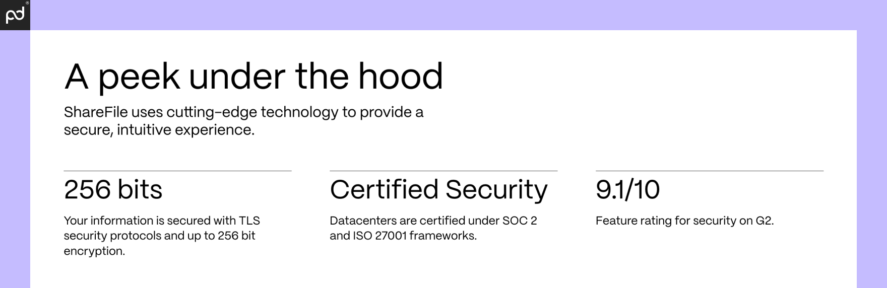 An image depicting ShareFile’s guarantee of 256-bit encryption and its various security certifications.