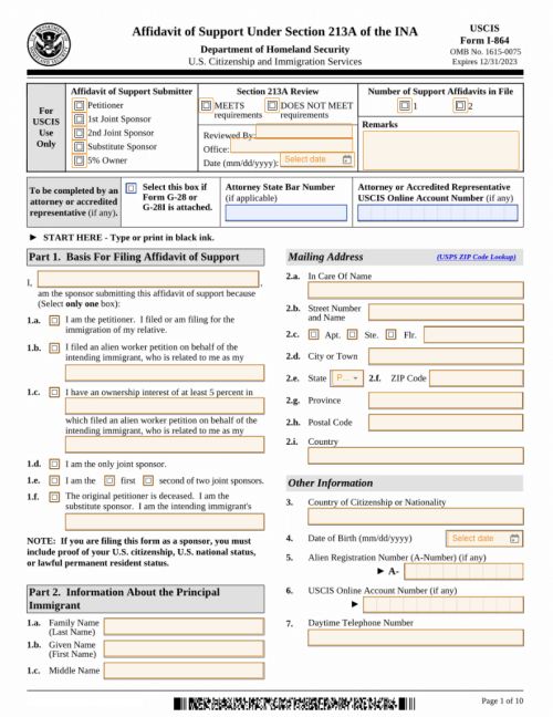 Affidavit of Support Form