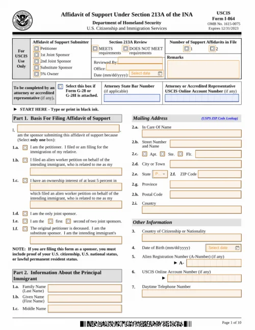 Affidavit of Support Form